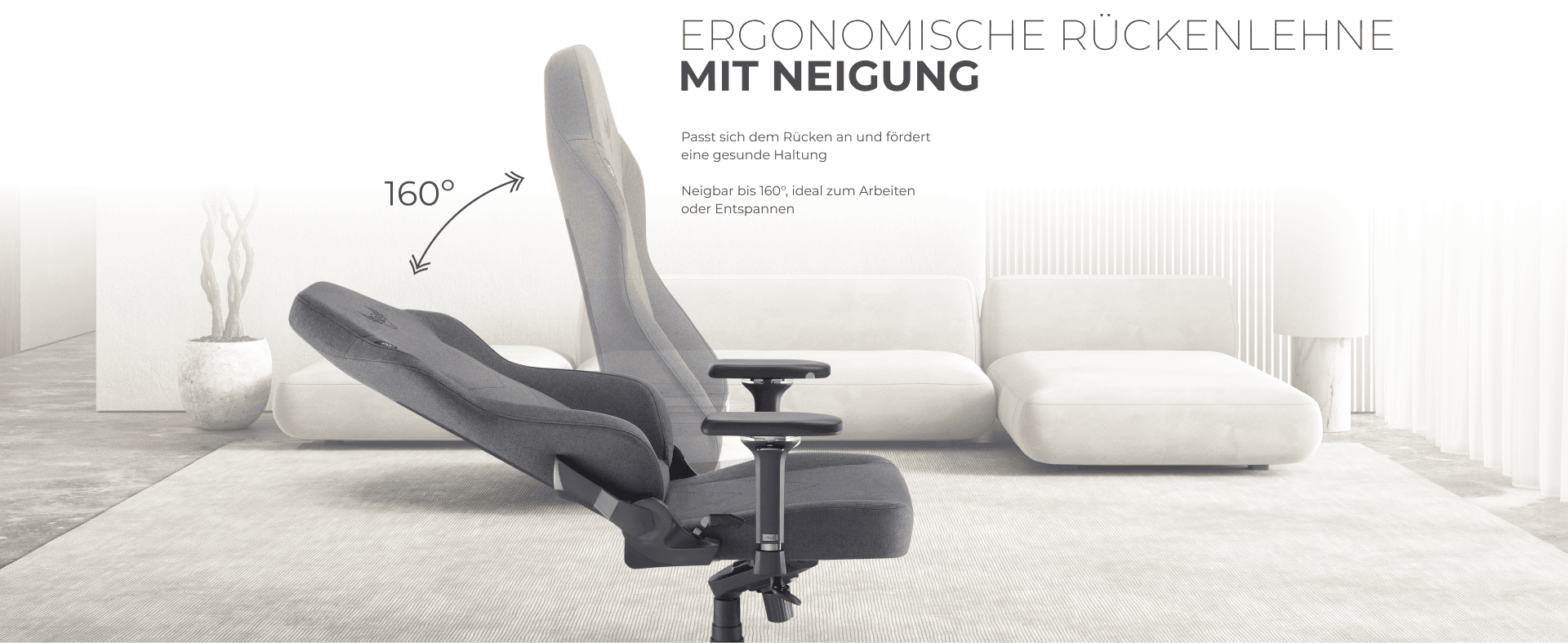Ergonomische R&uuml;ckenlehne, neigbar bis 160&deg;, zur Anpassung der Haltung